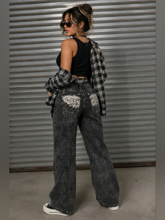 Telepatia Denim - Telepatía Acid Wash Wide Leg Jeans US 7 | Rhinestone Angel Wing